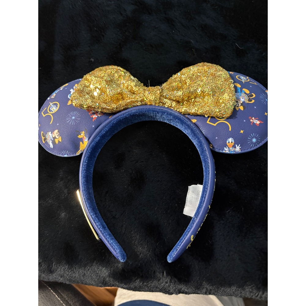 Disney Loungefly Walt Disney World 50th Anniversary Minnie Ears Gold Sequin Bow